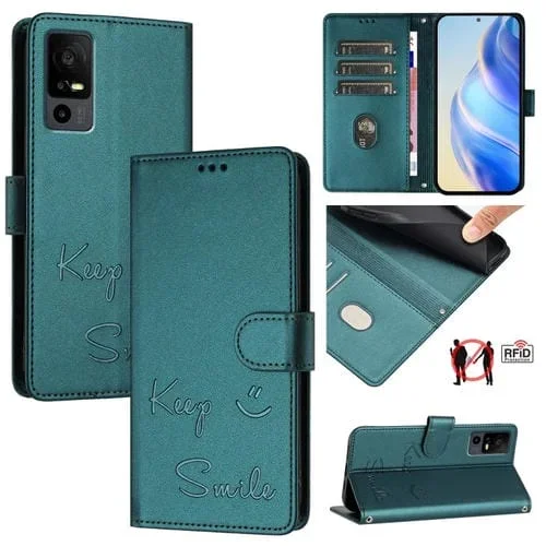 Funda de Cuero Rfid con Relieve Sonriente para TCL 40 R 5G (Verde Pavo Real)