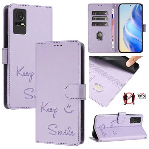 Funda de Cuero Rfid con Relieve Sonriente para TCL 405/406/408 (Morado Claro)