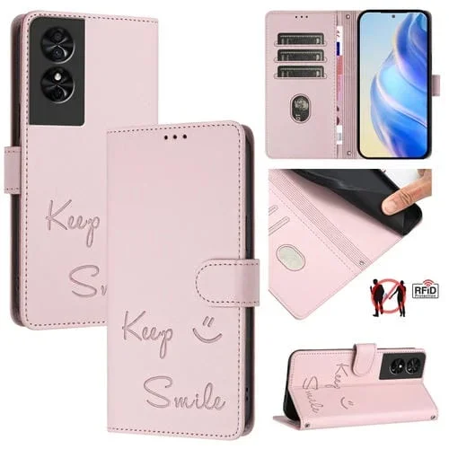 Funda de Cuero Rfid con Relieve Sonriente para TCL 50 Se (Rosa)