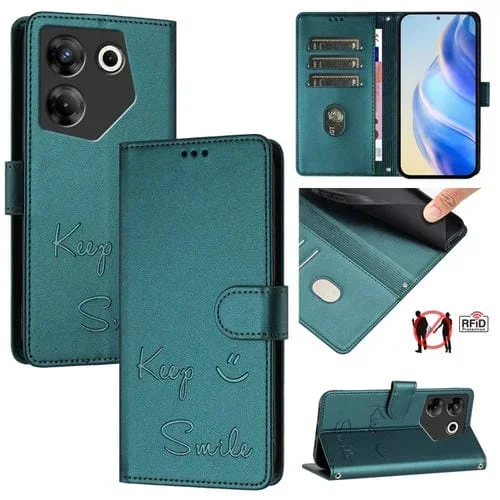 Funda de Cuero Rfid con Relieve Sonriente para Tecno Camon 20 Pro 5G (Verde Pavo Real)