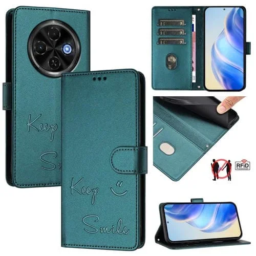 Funda de Cuero Rfid con Relieve Sonriente para Tecno Spark 30C 5G Pop 9 5G (Verde Pavo Real)