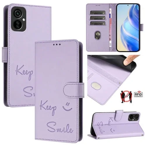 Funda de Cuero Rfid con Relieve Sonriente para Tecno Spark 9 Pro/Spark 9T (Morado Claro)