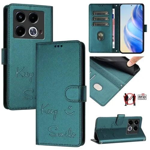 Funda de Cuero Rfid con Relieve Sonriente para Teléfono Infinix Note 40 4G (Verde Pavo Real)