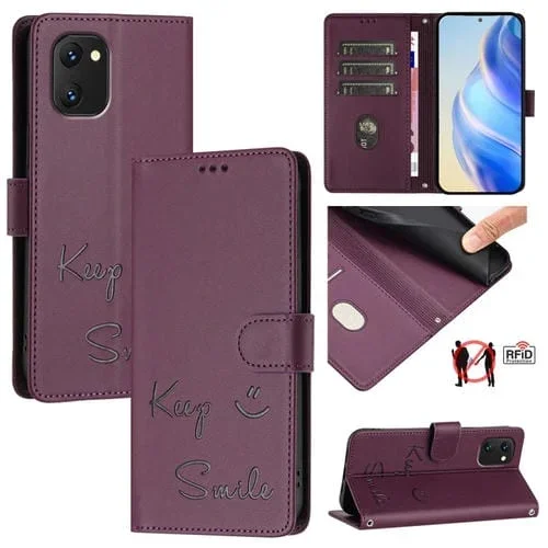 Funda de Cuero Rfid con Relieve Sonriente para Umidigi Power 7/7S (Violeta)