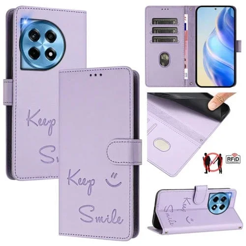 Funda de Cuero Rfid con Relieve Sonrisa Global para OnePlus 12 5G (Morado Claro)