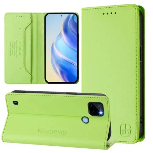 Funda de Cuero Rfid con Succión Magnética y Doble Pliegue para Realme C21Y Rc01 (Verde Hierba)