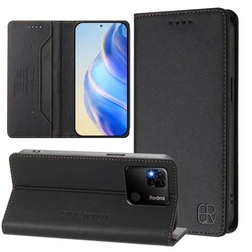 Funda de Cuero Rfid con Succión Magnética y Doble Pliegue para Redmi 10A/9C Rc01 (Negra)