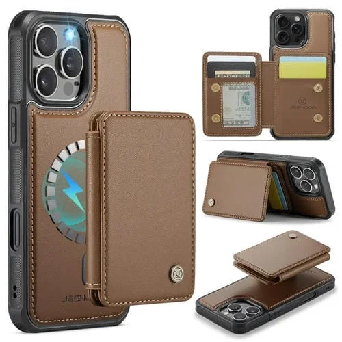 Funda de Cuero Rfid Jeehood J05 para iPhone 16 Pro con Estilo Magnético (Marrón)