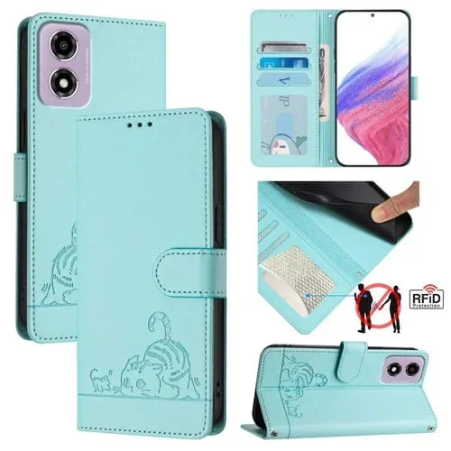 Funda de Cuero Rfid Motorola Moto E14 con Cordón Estampado Rata y Gato (Verde Menta)