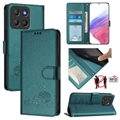 Funda de Cuero Rfid Motorola Moto G15 con Estampado de Rata y Gato en Relieve y Cordón (Verde Pavo Real)