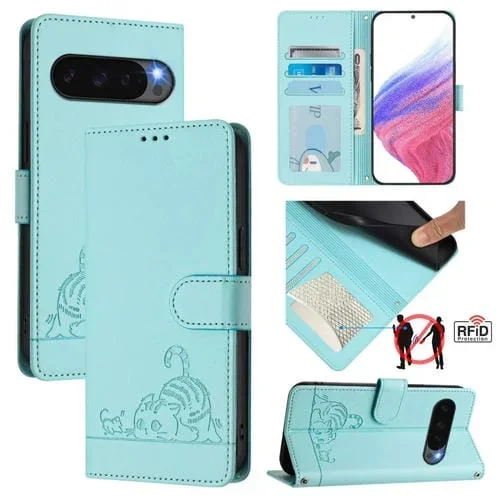 Funda de Cuero Rfid para Google Pixel 10 5G Global con Estampado de Rata y Gato en Relieve y Cordón (Verde Menta)
