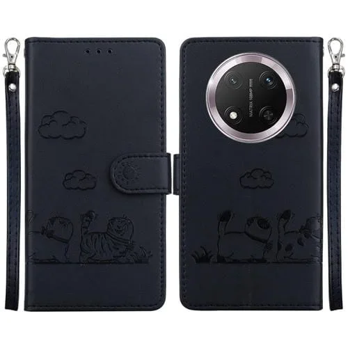 Funda de Cuero Rfid para Honor X9C con Diseño de Gatos (Negra)