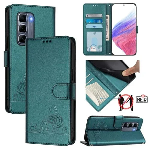 Funda de Cuero Rfid para Infinix Hot 50 Pro+ 4G con Estampado de Rata y Gato en Relieve y Cordón (Verde Pavo Real)