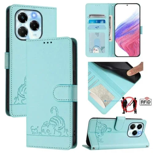 Funda de Cuero RFID para Infinix Note 40X 5G con Estampado de Rata y Gato y Cordón (Verde Menta)