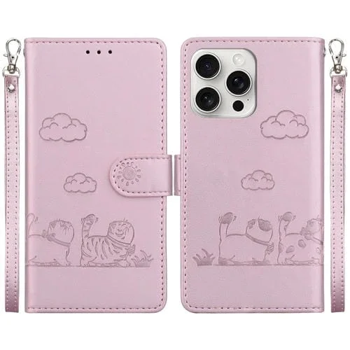 Funda de Cuero Rfid para iPhone 16 Pro Max con Diseño de Gatos (Oro Rosa)