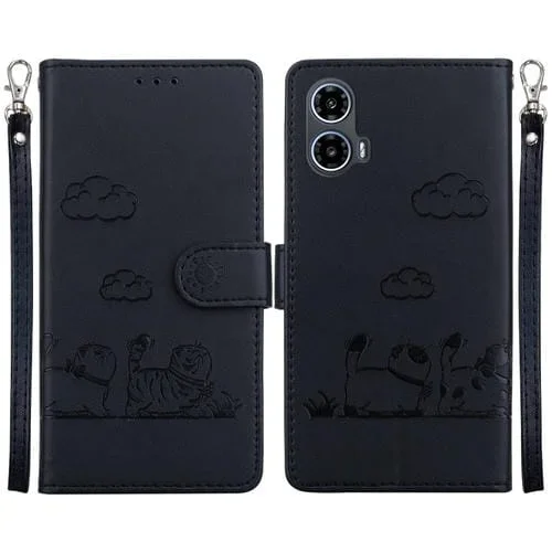 Funda de Cuero Rfid para Motorola Moto G34 5G con Diseño de Gatos (Negra)