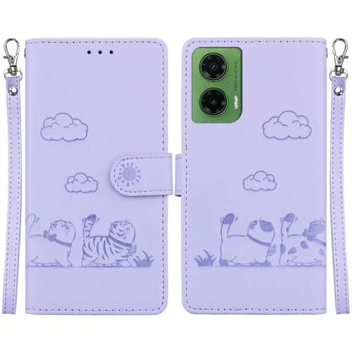 Funda de Cuero Rfid para Motorola Moto G35 con Diseño de Gatos (Morado)
