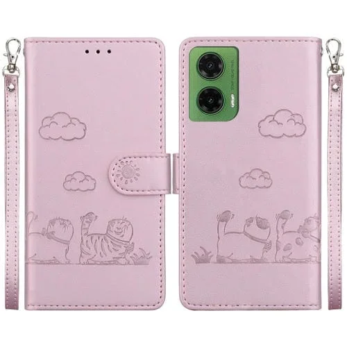 Funda de Cuero Rfid para Motorola Moto G35 con Diseño de Gatos (Oro Rosa)
