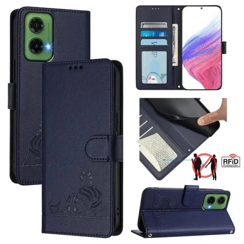 Funda de Cuero Rfid para Motorola Moto G35 con Estampado de Rata y Gato En Relieve y Cordón (Azul)