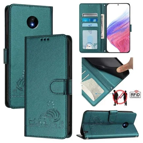 Funda de Cuero Rfid para Nokia C10/C20 con Relieve de Rata y Gato y Cordón (Verde Pavo Real)