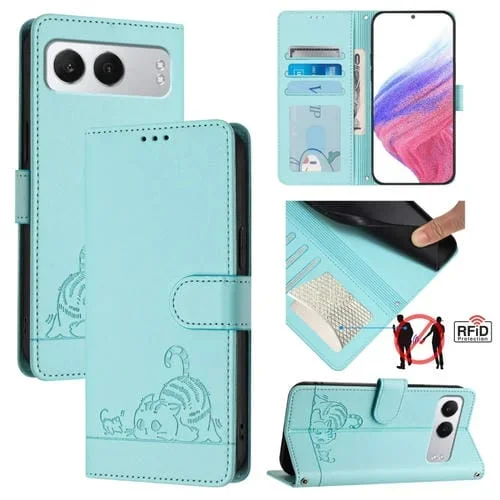 Funda de Cuero Rfid para OnePlus Nord 4 5G con Estampado de Rata y Gato En Relieve y Cordón (Verde Menta)