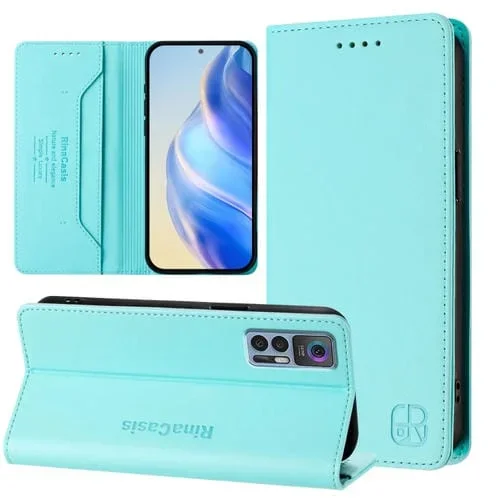 Funda de Cuero Rfid para TCL 30 4G/30 5G/30+ Rc01 con Succión Magnética y Doble Pliegue (Verde Menta)