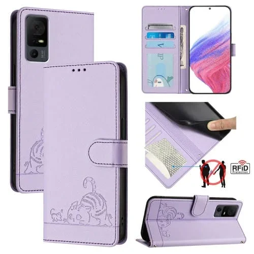 Funda de Cuero Rfid para TCL 40 Xl/40 T T608Dl con Estampado de Rata y Gato y Cordón (Morado)