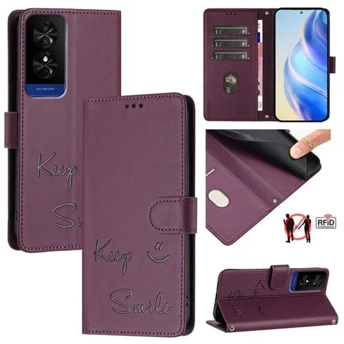 Funda de Cuero Rfid para TCL 50 5G con Relieve Sonriente (Violeta)