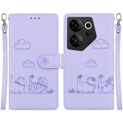 Funda de Cuero Rfid para Tecno Camon 20 Premier 5G con Diseño de Gatos (Morado)