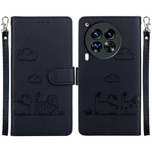 Funda de Cuero Rfid para Tecno Camon 30 Premier 5G con Diseño de Gatos (Negra)