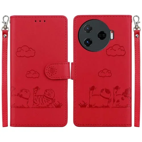 Funda de Cuero Rfid para Tecno Camon 30 Pro 5G con Diseño de Gatos (Rojo)