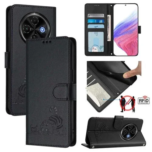 Funda de Cuero Rfid para Tecno Spark 30C 5G y Pop 9 5G con Estampado de Rata y Gato en Relieve y Cordón (Negro)