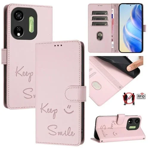 Funda de Cuero Rfid para Teléfono Itel P55 5G con Relieve Sonriente (Rosa)