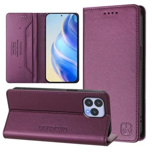 Funda de Cuero Rfid para Teléfono Wiko T60 y Cubot P80 Rc01 con Doble Pliegue y Succión Magnética (Violeta)