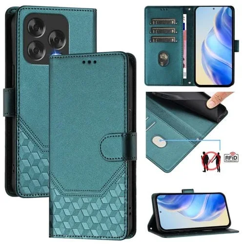Funda de Cuero Rfid para ZTE Blade V70 con Diseño Panal de Abeja y Relieve (Verde Pavo Real)