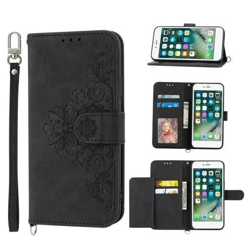 Funda de Cuero Skin-Feel Flowers para iPhone 8 Plus y 7 Plus con Billetera en Relieve (Negro)