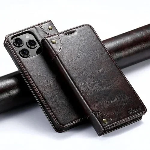 Funda de Cuero Suteni con Hebilla y Textura de Becerro para iPhone 16 Pro Max (Marrón)