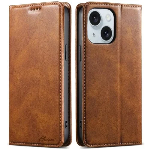 Funda de Cuero Suteni J02 para iPhone 15 Plus con Billetera de Cera de Aceite (Marrón)