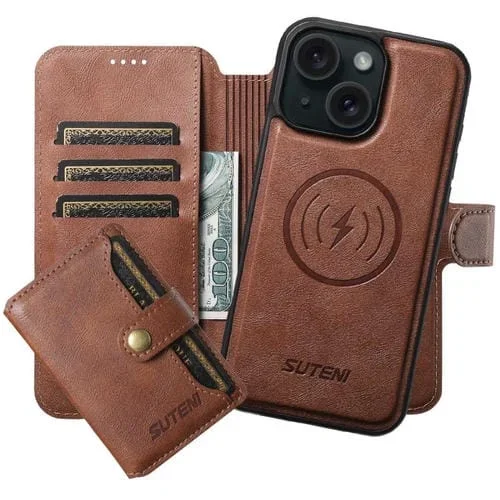 Funda de cuero Suteni Q05S1 3 en 1 con función de billetera desmontable y MagSafe para iPhone 15 Plus (marrón)