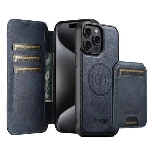 Funda de cuero Suteni Q05S2 3 en 1 con tapa vertical desmontable y función de cierre magnético para iPhone 15 Pro (azul)