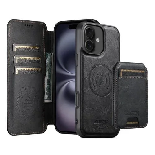 Funda de cuero Suteni Q05S2 3 en 1 con tapa vertical desmontable y función MagSafe para iPhone 16 (negra)