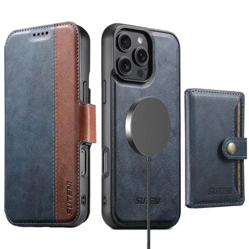 Funda de cuero Suteni Q07S1 3 en 1 con cierre magnético y billetera desmontable para iPhone 16 Pro (azul)