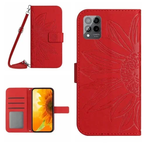 Funda de Cuero T-Mobile Revvl 6 Pro 5G Flip con Cordón y Diseño Sun Flower (Rojo)