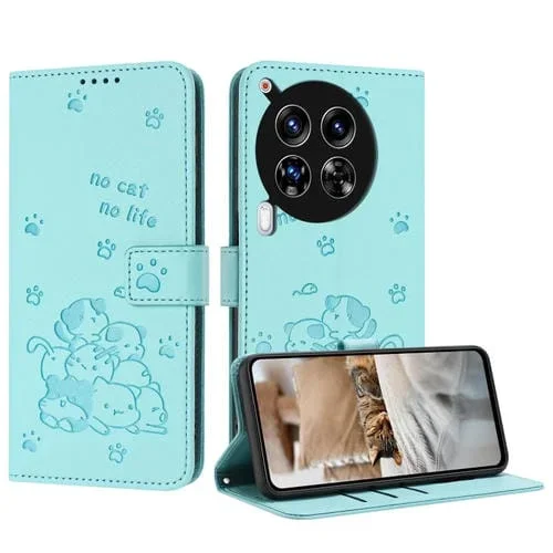 Funda de Cuero Tecno Camon 30 4G/5G Diseño Gatito En Relieve con Cordón (Verde Menta)