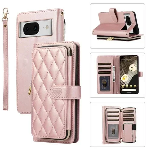 Funda de Cuero tipo Billetera con Cremallera Completa y Diseño Romboidal para Google Pixel 8 (Oro Rosa)
