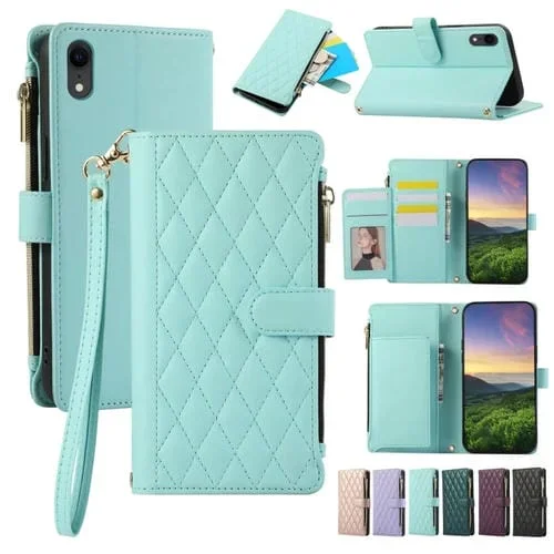 Funda de Cuero Tipo Billetera con Cremallera en Forma de Rombo para iPhone Xr (Cian)