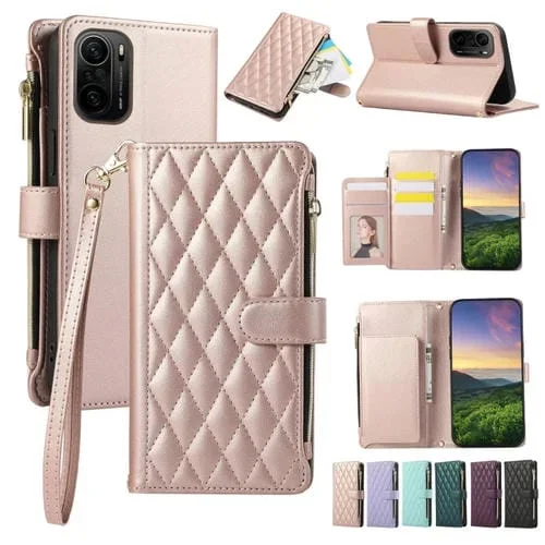 Funda de Cuero Tipo Billetera con Cremallera Rombal para Redmi K40 (Oro Rosa)