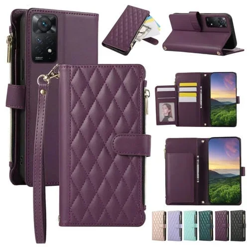 Funda de Cuero Tipo Billetera con Cremallera Rombal para Redmi Note 11 Pro 4G (Morado Oscuro)