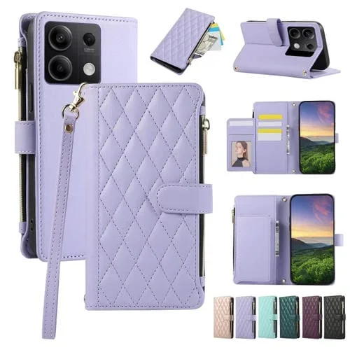 Funda de Cuero Tipo Billetera con Cremallera Rombal para Redmi Note 13 5G (Morado)