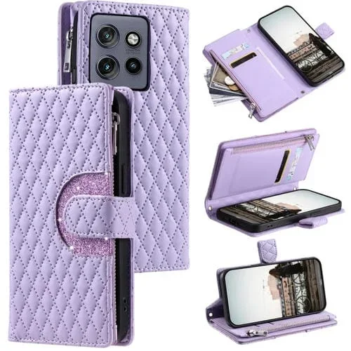 Funda de Cuero Tipo Billetera con Cremallera y Celosía Brillante para Motorola Edge 50 Neo (Morado)